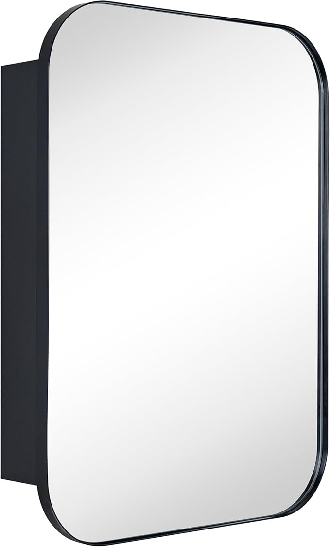 TEHOME Black Rectangle Bathroom Medicine Cabinet with Mirror Matt Black Recessed and Surface Mount Stainless Steel Metal Framed Rounded Rectangular Bathroom Cabinet with Mirror 22x30''