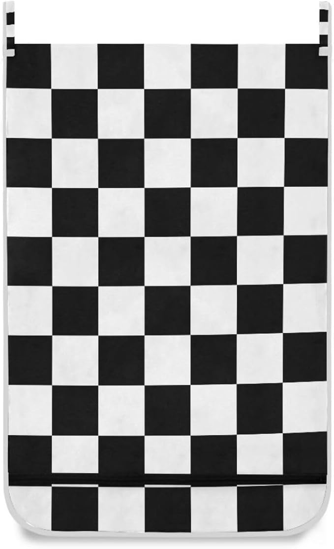 Checkered Black and White Hanging Laundry Hamper Door Hampers Bag Basket with Stainless Steel Hooks Oxford Fabric Printing Decorative Clothes Bags 29.5X20inch 2Pack