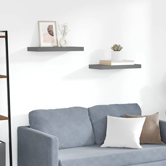 Floating Wall Shelves Set of 2, Modern High Gloss Gray Display Shelves for Living Room & Office, 19.7x9.1 Inches, Invisible Mounting, Holds 15.4 lbs Each, Durable MDF and Metal Frame