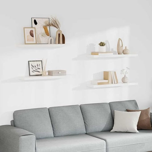 Set of 4 Floating Wall Shelves, 35.4-Inch Modern Rectangular Shelving Units for Bedroom, Living Room and Office, Durable MDF Wall-Mounted Storage Organizers, White