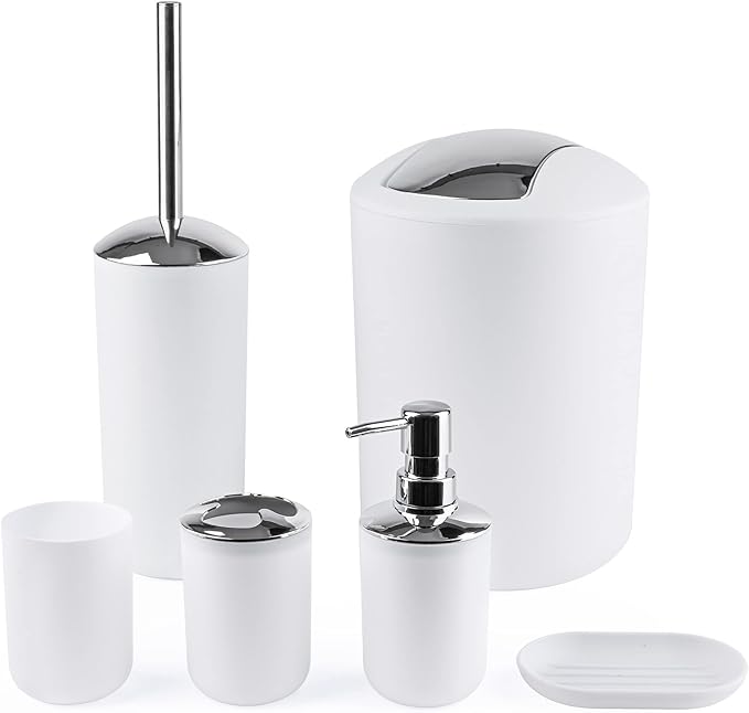 Papillon 6-Piece Bathroom Organization Set, Toothbrush Holder with Cup, Soap Dispenser & Dish, Toilet Brush, Trash Can, Tumbler Set (White)
