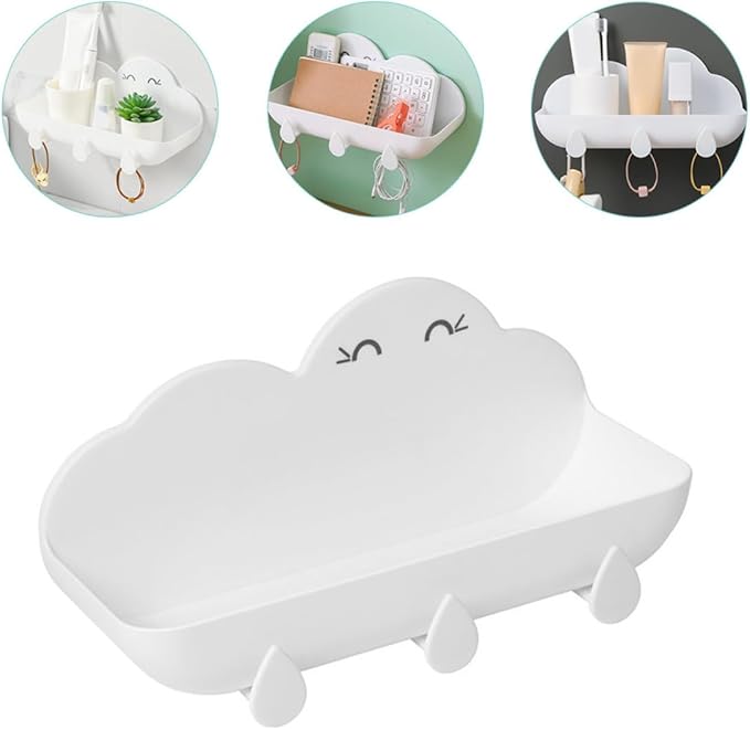 Veemoon Cloud-Shaped Wall-Mount Shelf Bathroom Storage Rack with Hooks White Metal Hanging Organizer for Home Accessories and Bathroom Essentials