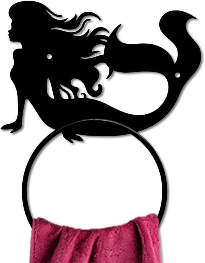 MAYJOYDIY Mermaid Metal Towel Ring Mermaid Sea Hand Towel Holder Round Ocean Theme Towel Hangers Black Bathroom Towel Rack Wall Mounted for Kitchen Bath Home Laundry Room Decors Gifts