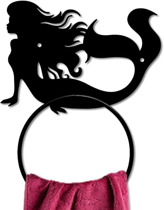 MAYJOYDIY Mermaid Metal Towel Ring Mermaid Sea Hand Towel Holder Round Ocean Theme Towel Hangers Black Bathroom Towel Rack Wall Mounted for Kitchen Bath Home Laundry Room Decors Gifts