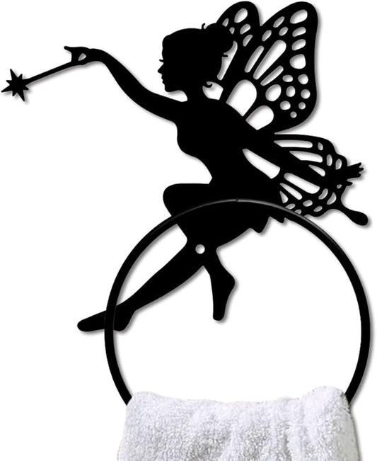 MAYJOYDIY Fairy Metal Towel Ring Elf Wings Towel Holder for Wall Fantasy Fairy Wand Towel Ring Black Plant Towel Rack Wall Mounted for Bathroom Kitchen Towel Hanger Home Decors Gift