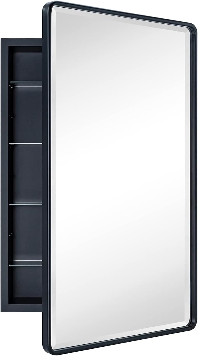 TEHOME Farmhouse Matt Black Recessed Bathroom Medicine Cabinet with Mirror Rounded Rectangle Metal Framed Medicine Cabinet with Beveled Mirror 21x34''