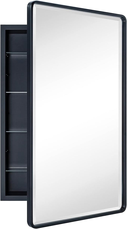 TEHOME Farmhouse Matt Black Recessed Bathroom Medicine Cabinet with Mirror Rounded Rectangle Metal Framed Medicine Cabinet with Beveled Mirror 21x34''