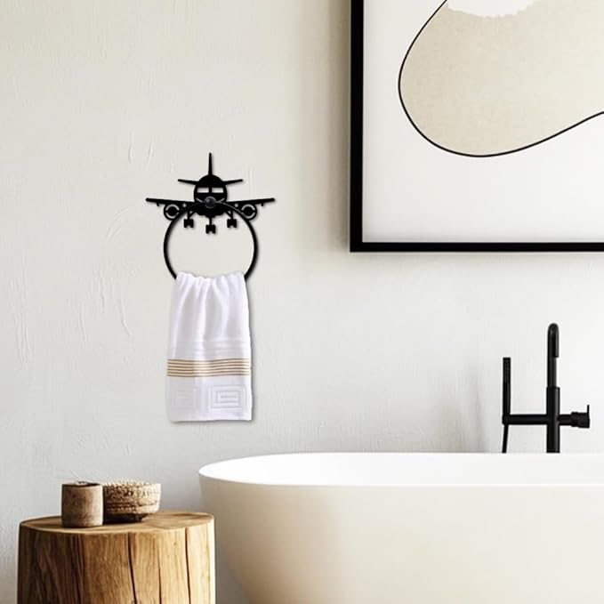 MAYJOYDIY Airplane Metal Towel Ring Model Aircraft Towel Holder for Wall Transportation Wall Decor Towel Hanger Black Art Towel Rack Wall Mounted for Bathroom Kitchen Home Boys Room Decors Gift