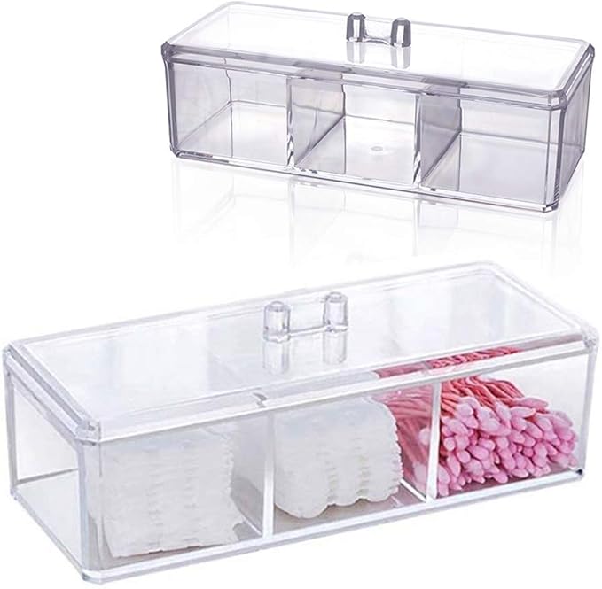 Cotton Ball and Swab Holder Organizer with Lid, Dustproof, Waterproof, Clear Acrylic 3 Compartment Cotton Pad Container for Cosmetics