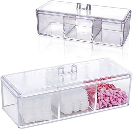 Cotton Ball and Swab Holder Organizer with Lid, Dustproof, Waterproof, Clear Acrylic 3 Compartment Cotton Pad Container for Cosmetics