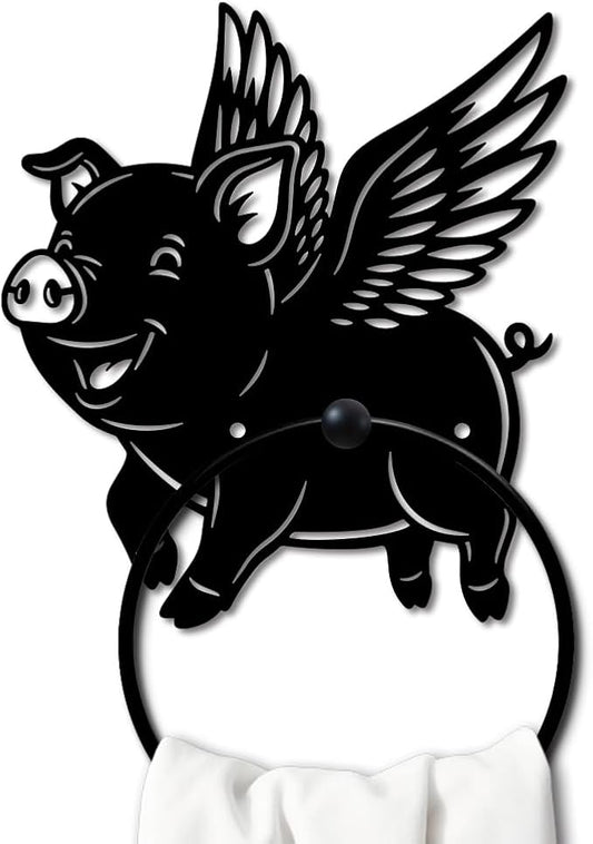 MAYJOYDIY Flying Pig Metal Towel Ring Round Wings Pig Hand Towel Holder Animals Ring Hanger Wall Mount Black Vintage Towels Wall Organizer for Kitchen Bath Home Laundry Room Decors Gifts