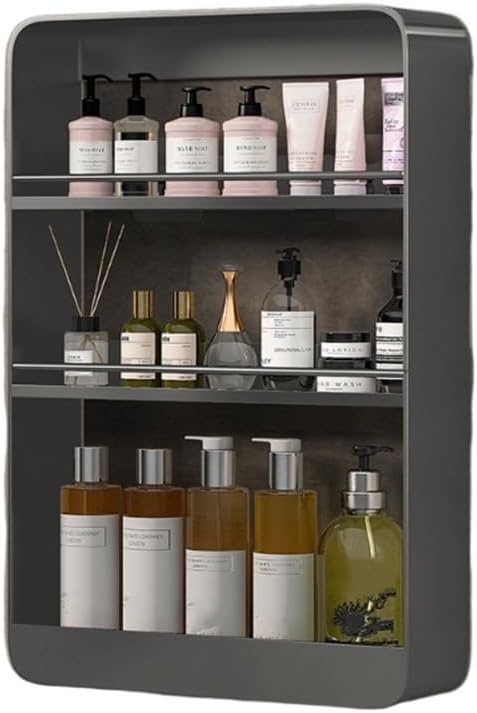 Multi-Layer Wall Mounted Bathroom Shelves, Punch-Free Makeup Organizer, Metal Wall Hanging Spice Rack, Multifunctional Wall Shelves for Kitchen, Bathroom or Living Room(Gray,Medium)
