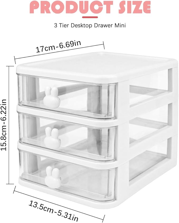 3 Layer Plastic Storage Drawer Bunny Transparent Cosmetic Organizer Rabbit Makeup Organizer Storage Container for Office School Home（White）
