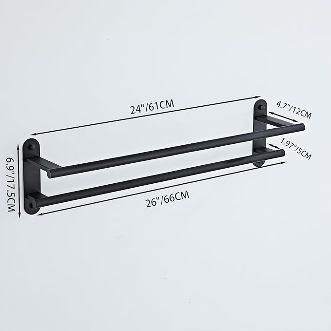 Towel Rack for Bathroom, Double Towel Bar 24 Inch Wall Mounted, Matte Black Stainless Steel Bathroom Towel Holder(Total Length 26-Inch)