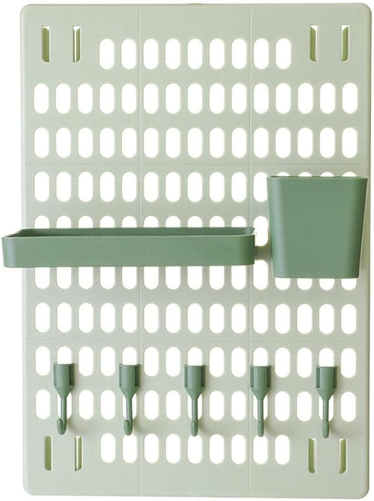 Hemobllo Punch-Free Bathroom Storage Rack Wall-Mounted Hanging Holder Organizer with Green Large Pegboard, Rectangular and Square Boxes Plus 5 Hooks for Kitchen and Bathroom Shelves