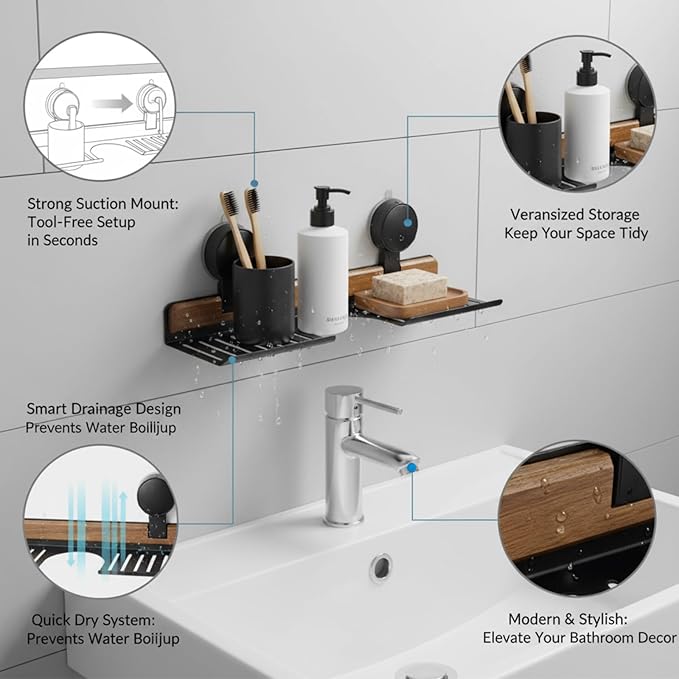 Over Sink Shelf with Walnut, 15.7" Tool-Free Organizer, Strong Suction Cup Rack with Easy Drainage for Kitchen & Bathroom