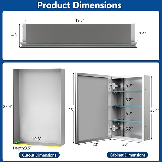 20"x26" Aluminum Medicine Cabinet, Bathroom Cabinet with Mirror,Firm and Durable, Waterproof and Rust-Proof, Recessed or Surface Mount,Assembly Required
