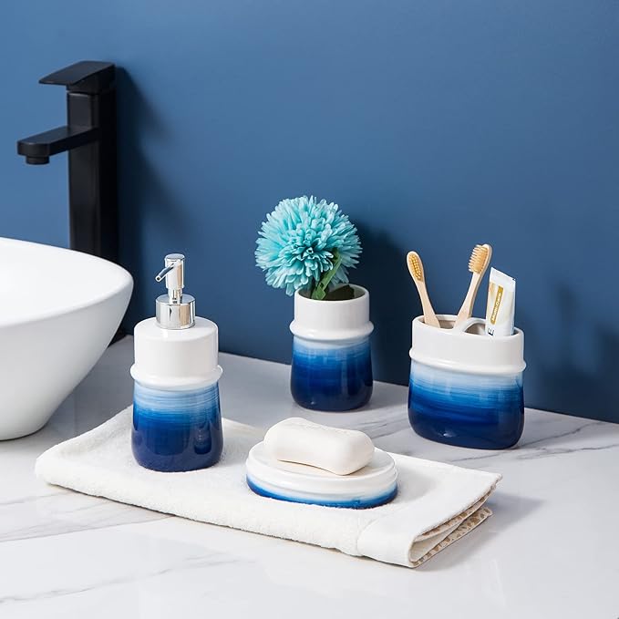 Navy Blue Bathroom Accessories Set, 4-Piece Blue Ceramic Bathroom Decorations Accessories Set,Contain Toothbrush Cup,Soap Dispenser,Soap Dish,Tumbler