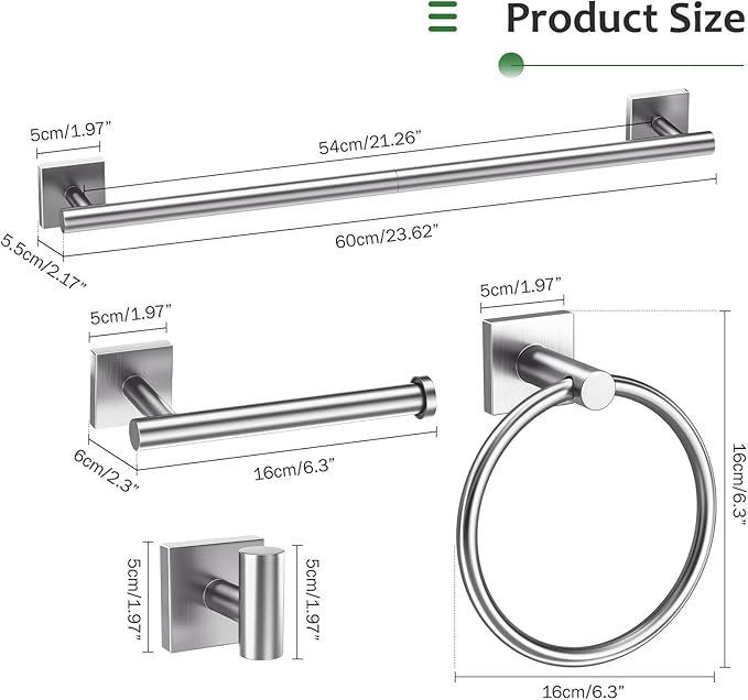 5 Pieces Brushed Nickel Towel Bar Set,Towel Racks for Bathroom Stainless Steel Wall-Mounted Bathroom Hardware Accessories Set 23.6 Inch Towel Holder