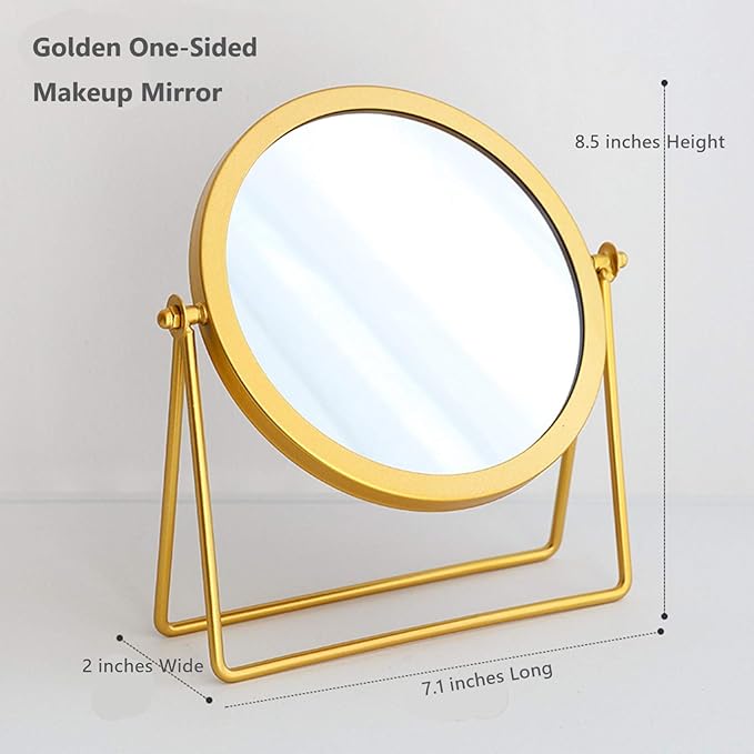 Iron Tabletop Makeup Mirror, Round Swivel Desktop Stand Mirror, 360°Rotation One-Sided Dressing Table Mirror(Golden)