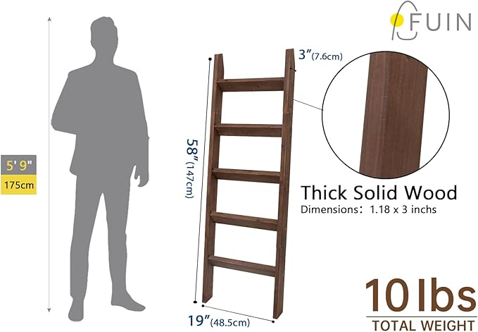 FUIN 5ft (58") Wood Blanket Ladder Living Room Decorative Wall Leaning Farmhouse Quilt Display Holder Storage Rustic Wooden Towel Rack for Bathroom, Brown