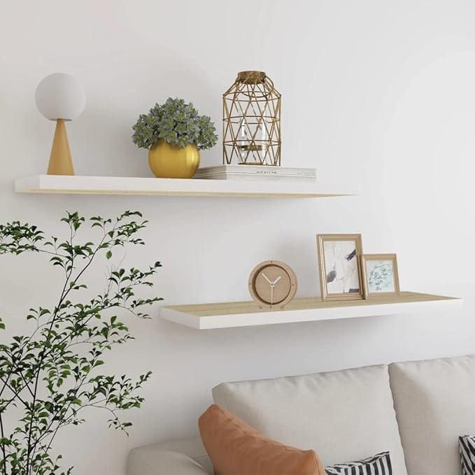 Floating Wall Shelves 2 Pack Oak White 35.4x9.3 Inches Modern Invisible Mounting Display Rack for Living Room Bedroom Office Decor Storage