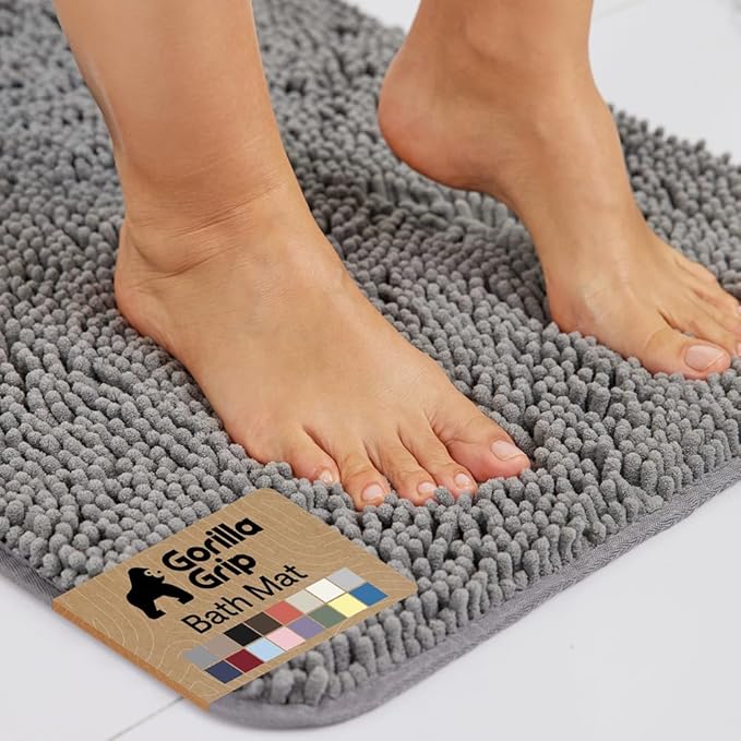 GORILLA GRIP Bath Rug Mat 36x24, Thick Soft Absorbent Chenille, Quick Dry Microfiber Mats, Rubber Backing Washable Shower Floor Rugs, Bathmat Runner, US Designed Bathroom Home Decor Accessories Grey