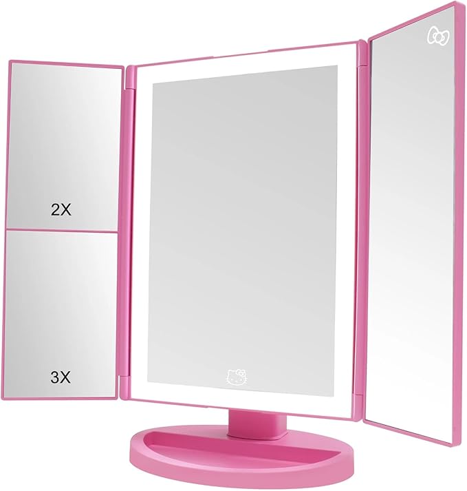 Impressions Vanity Hello Kitty Pink A Dot Trifold LED Makeup Mirror with Artwork, Vanity Mirror with Strip LED Tri Tone Light, Dual Magnification Touch Sensor, and Adjustable Tilt, Catchall Storage