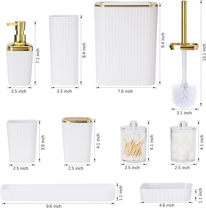 White Bathroom Set, 23 PCS White Bathroom Accessories Set with Shower Curtains, Trash Can, Toothbrush Holder, Soap Dispensers, Toothbrush Cup, Vanity Tray, Soap Dish, Toilet Brush, Qtip Holders