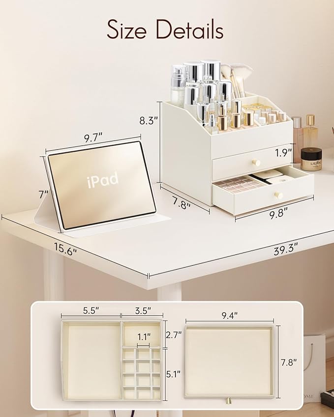 VLANDO Makeup Organizer for Vanity,Large Capacity Countertop Organizer with Drawers, PU Leather Cosmetic Display Case for Lipstick,Brushes,Skincare,Bedroom Storage (Beige)
