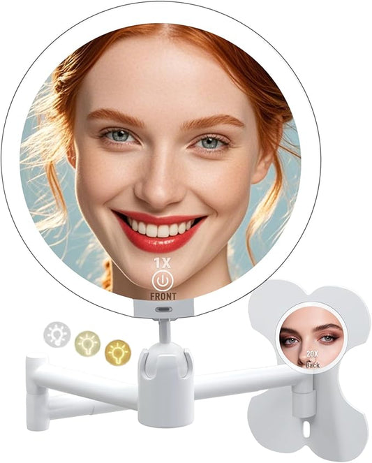 6" Led Wall Mounted Makeup Mirror Double Sided 1/20X, 1-Second Install Lightweight Compact Wall Mirror with Light, Rechargeable Extendable Magnifying Mirror for Bathroom, Wall Vanity Mirrors (1+20X)