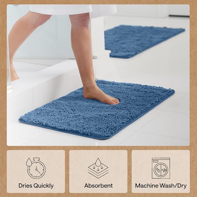 GORILLA GRIP Bath Rug Mat 60x24, Thick Soft Absorbent Chenille, Quick Dry Microfiber Mats, Rubber Backing Washable Shower Floor Rugs, Bathmat Runner, US Designed Bathroom Home Decor Accessories Blue