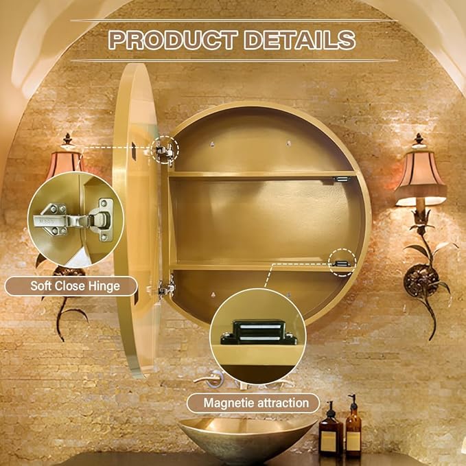 Round Medicine Cabinet,Medicine Cabinet with Mirror,Aluminum Framed,Soft Close Hinge,20inch,Gold