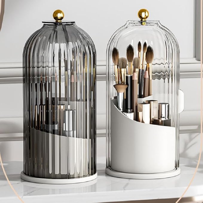 Makeup Brush Holder Organizer with Cover, 360?? Rotating Dustproof Make up Brush Holder Cosmetic Tools Organizer for Vanity, Concealed Toothbrush Holder for Bathroom Countertop