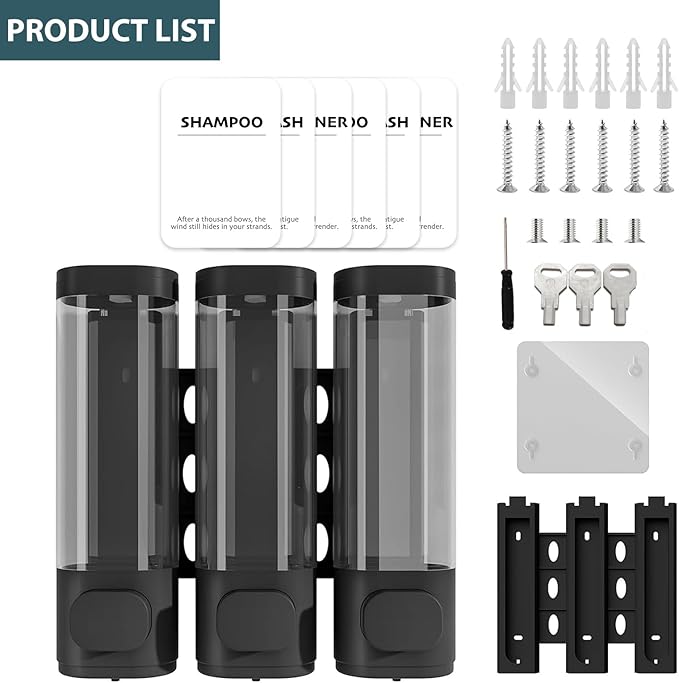 3 Pack Shampoo and Conditioner Dispenser, Shower Soap Dispenser 3 Chamber No Drill Wall-Mounted, Body Wash and Shower Dispenser Set for Shower Wall, Elegant Large Capacity for Bathroom Hotel, Black