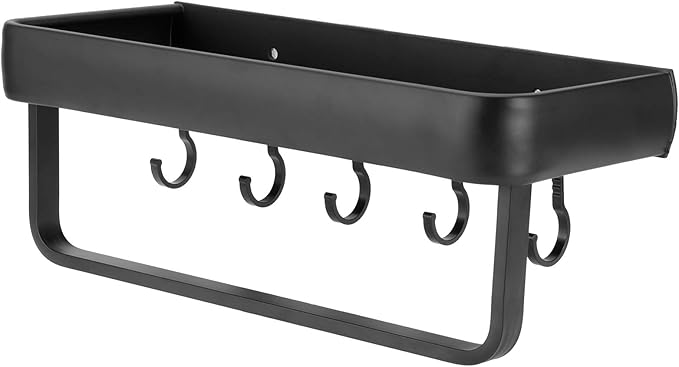 30cm Bathroom Shelf, Wall Mounted Storage Rack, Aluminum Material, with Heightened Fence Design, Ideal for Home Bathrooms (Single Layer with Rod with 5 Hooks)