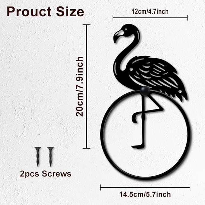 MAYJOYDIY Flamingo Metal Towel Ring Rustic Flamingo Animal Towel Holder for Wall Bath Towel Ring Black Art Towel Rack Wall Mounted for Bathroom Kitchen Towel Hanger Home Decors Gift