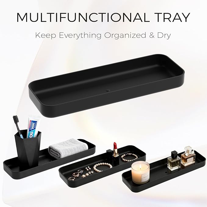 Black Bathroom Accessories Set, Unbreakable Bathroom Set, Trash Can, Toilet Brush with Holder, Soap Dispenser, Toothbrush and Toothpaste Holder, Tumbler, Soap Dish, Qtip Holders, Tray, Bamboo Decor