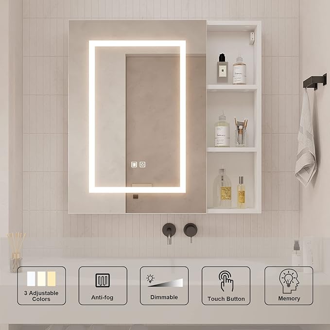 Led Medicine Cabinets with Storage,Wall Mounted Medicine Cabinet with Defogger,Bathroom Mirror Cabinet with 3 Light Adjustable Illuminated Medicine Cabinet Wall Mounted with US Plug 28X28Inch