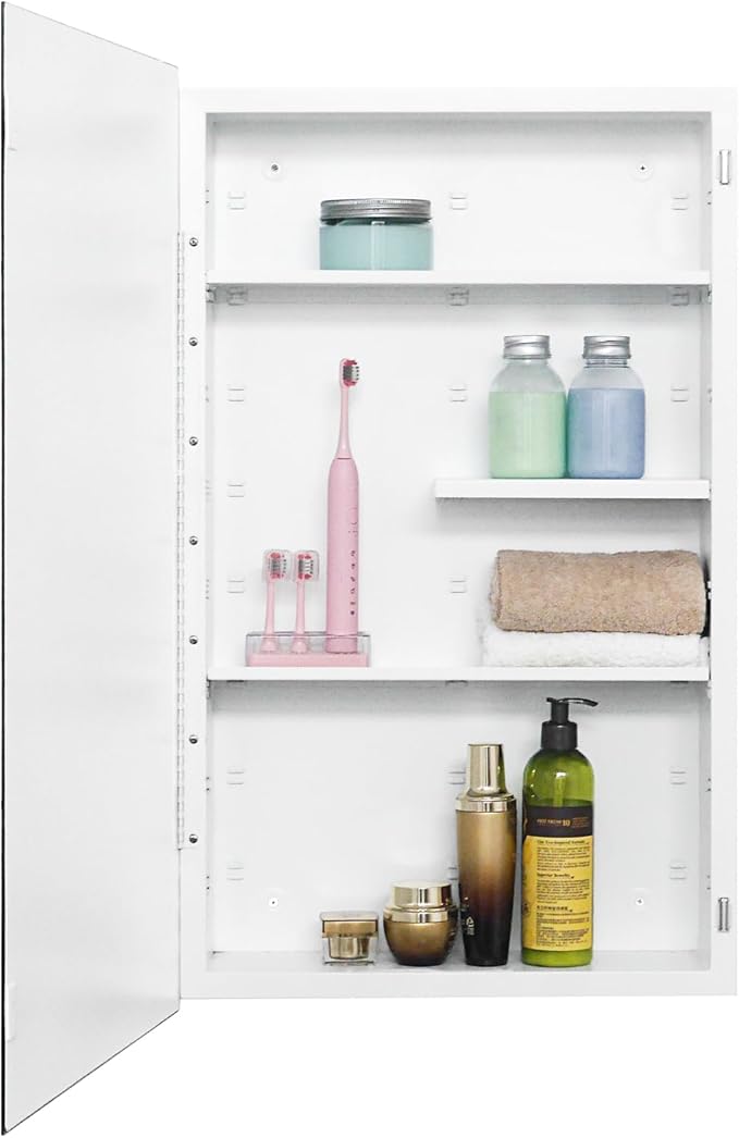 Fundin White Medicine Cabinet Recessed or Surface Mount, Bathroom Medicine Cabinet with 18 x 30 Beveled Mirror and Adjustable Staggered Shelves, Wall Mount