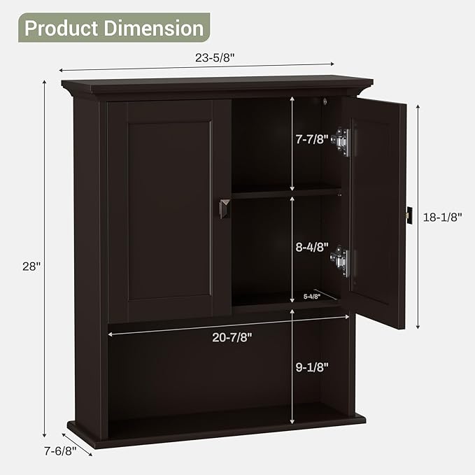Bathroom Wall Cabinet, Wooden Medicine Cabinet Over Toilet Storage Cabinet with Doors and Adjustable Shelf Wall Mounted Storage Organizer Cabinet Above Toilet (Espresso)