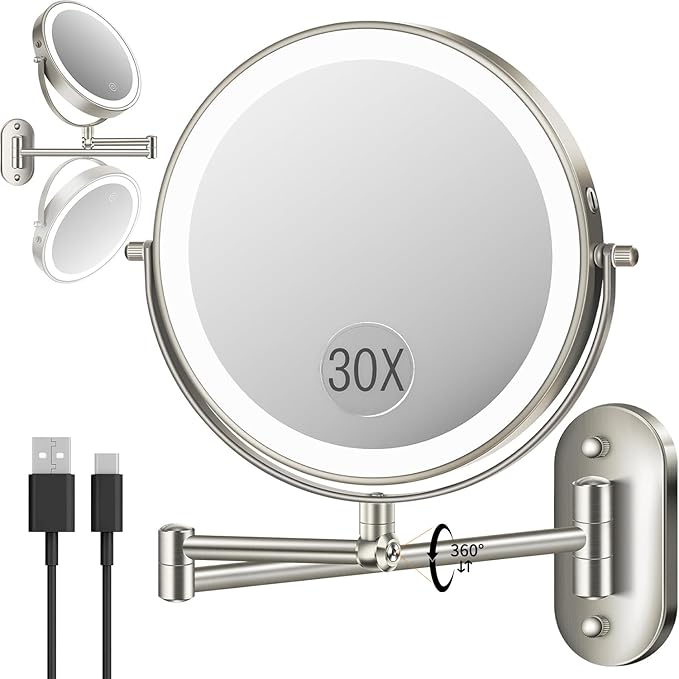 9'' 30X/1X Wall Mounted Lighted Makeup Mirror, Height Adjustable Double Sided 5000mAh Rechargeable Magnifying Bathroom Mirror with Light, 3 Color Modes Touch Dimmable Extended Arm 360 Rotation
