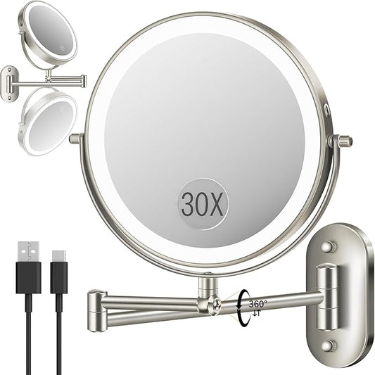 9'' 30X/1X Wall Mounted Lighted Makeup Mirror, Height Adjustable Double Sided 5000mAh Rechargeable Magnifying Bathroom Mirror with Light, 3 Color Modes Touch Dimmable Extended Arm 360 Rotation