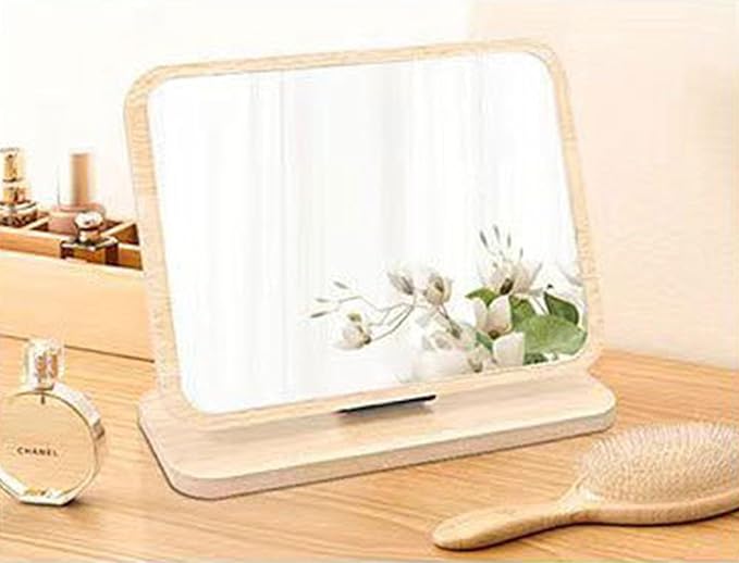Rectangular Compact Table Mirror - Wood Frame, 90 Degree Rotation, Back Stand