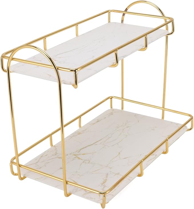 2 Tier Bathroom Storage Rack, Anti Slip Makeup Shelf in Gold White, Humanized Structure, Convenient Counter Organizer for Bathroom (L), Stylebestwxozqvbyd6-12