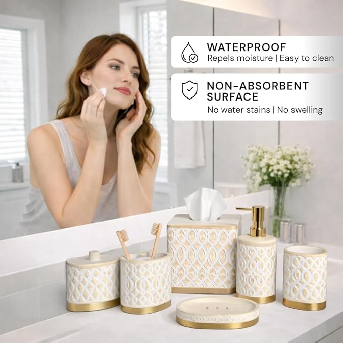 6-Piece Bathroom Accessories Set – Soap Dispenser, Toothbrush Holder, Tumbler, Soap Dish, Cotton Swab Jar & Toilet Brush – Modern Bathroom Decor Set (Solana)