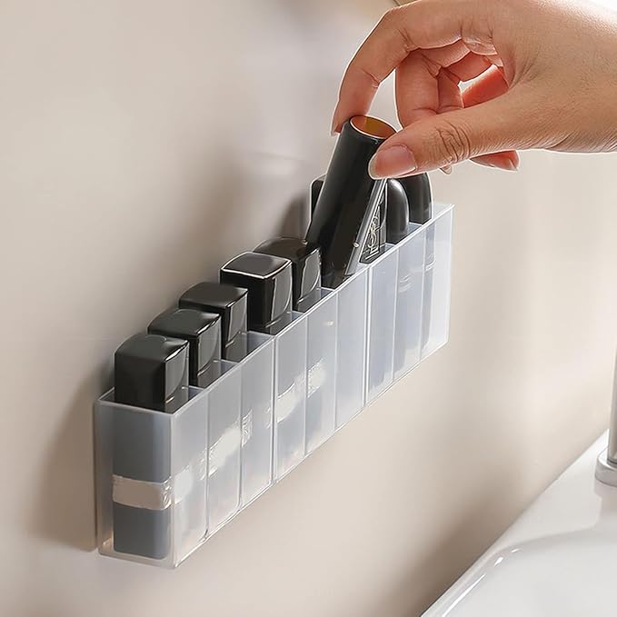 Mini Wall Mount Storage Box, 6 Compartment Transparent Plastic Makeup Brush Lipstick Holder Self-Adhesive Pen Holder Makeup Organizer for Home Office..