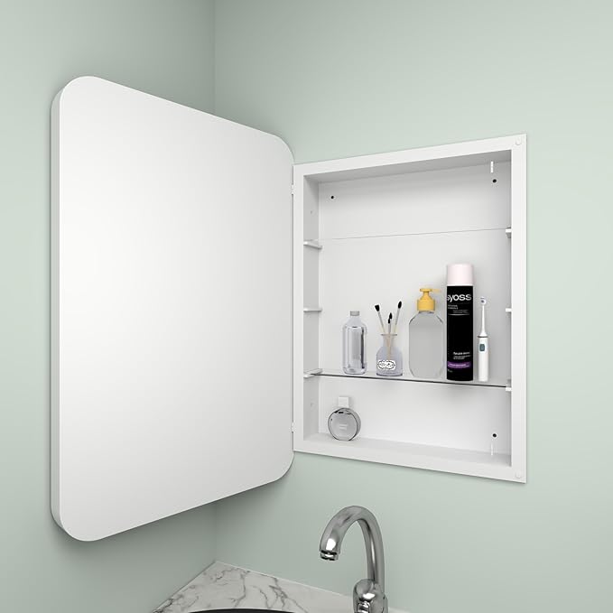 16”Wx24”H Farmhouse Framed Medicine Cabinet with Mirror, Matte White Finish, Recessed or Surface Mount, Adjustable Shelves, Rounded Rectangle Bathroom Medicine Cabinet,Install Left or Right