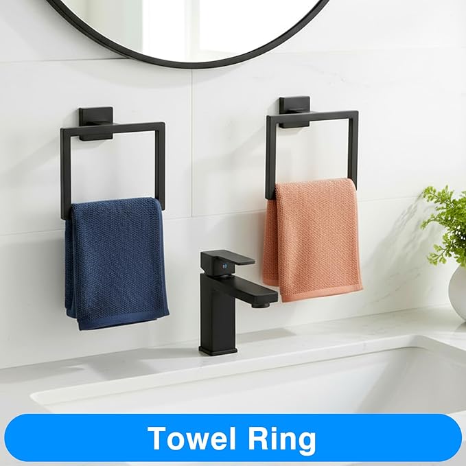 2 Pack Matte Black Towel Ring, Stainless Steel Hand Towel Holder, Modern Square Wall Mounted Bathroom Rack Hangers