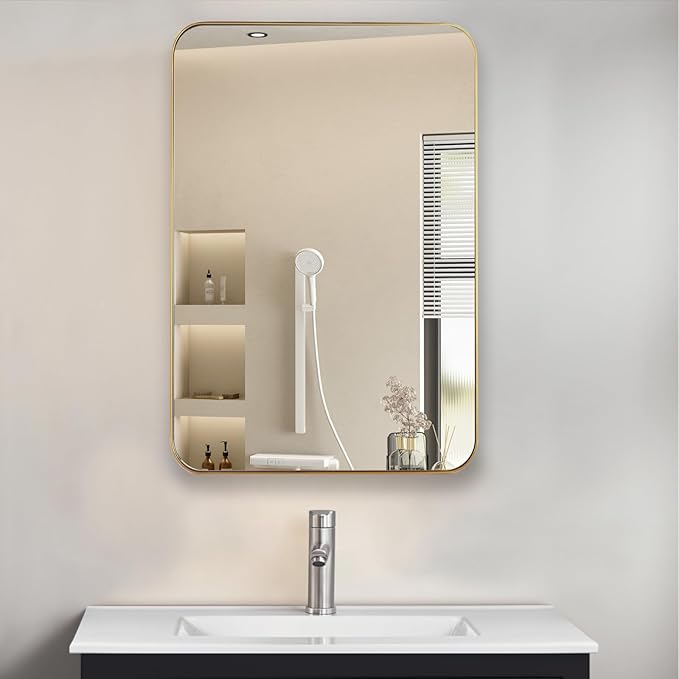 16" x 20" Bathroom Medicine Cabinet with Mirror Door, Brush Gold Stainless Steel Frame, Recessed or Surface Mounted,Storage Cabinet with Adjustable Metal Shelves,Upgraded Version